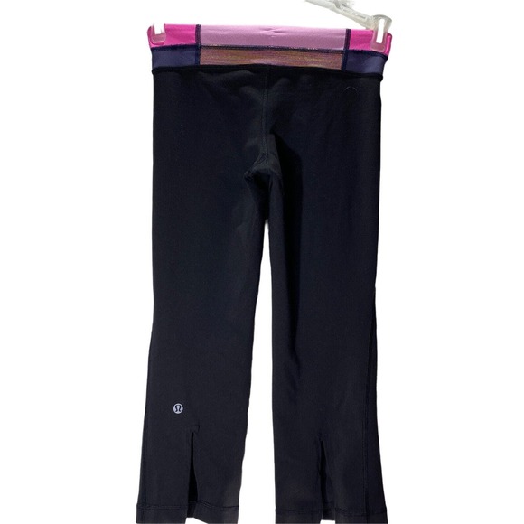 Lululemon Wunder Under Crop Leggings Size 2 Skinny Black Pink Striped Band - Picture 3 of 9
